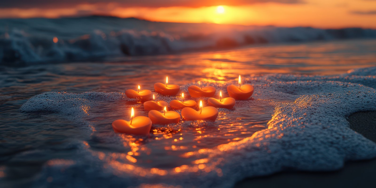 Floating heart candles illuminate the ocean at sunset, creating a serene atmosphere by the beach